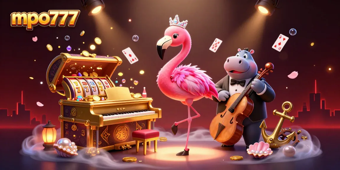Spin to win with mpo777's vibrant casino scene featuring lively characters and thrilling elements