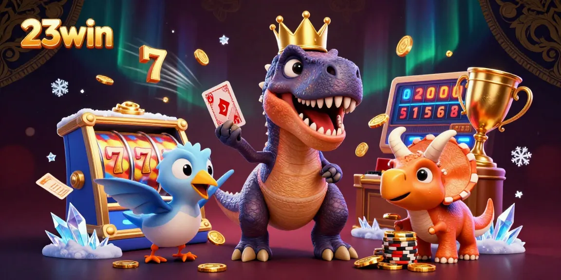 Experience the excitement of 23win as a T-Rex shuffles cards and a triceratops stacks chips in a vibrant casino.