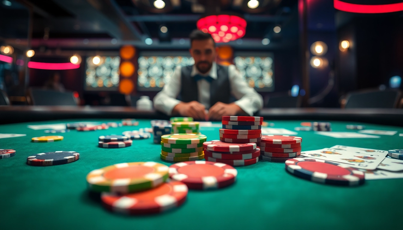 Bermain binjaitoto dengan chips poker berwarna-warni di meja kasino yang ramai.