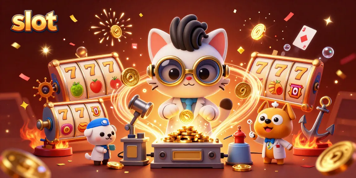 Watch the mad scientist cat create slot game jackpots amid a colorful casino explosion