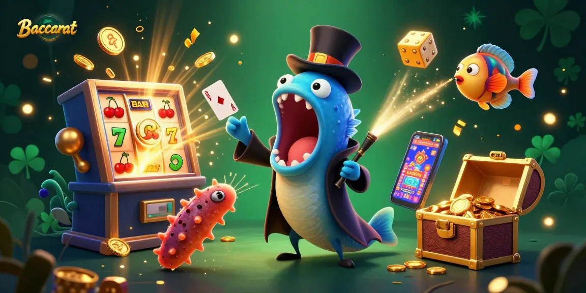 Baccarat cartoon scene featuring a deep-sea gulper eel magician and anglerfish with jackpot symbols