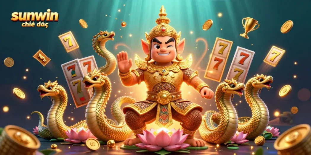 Spin and win at sunwin chính thức with vibrant slot reels, golden trophies, and lively 3D characters.
