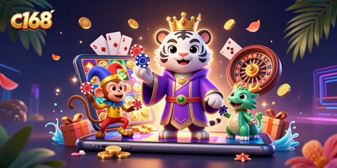 Experience the excitement of c168 with a dynamic casino scene featuring a royal tiger, playful monkey, and jade dragon.
