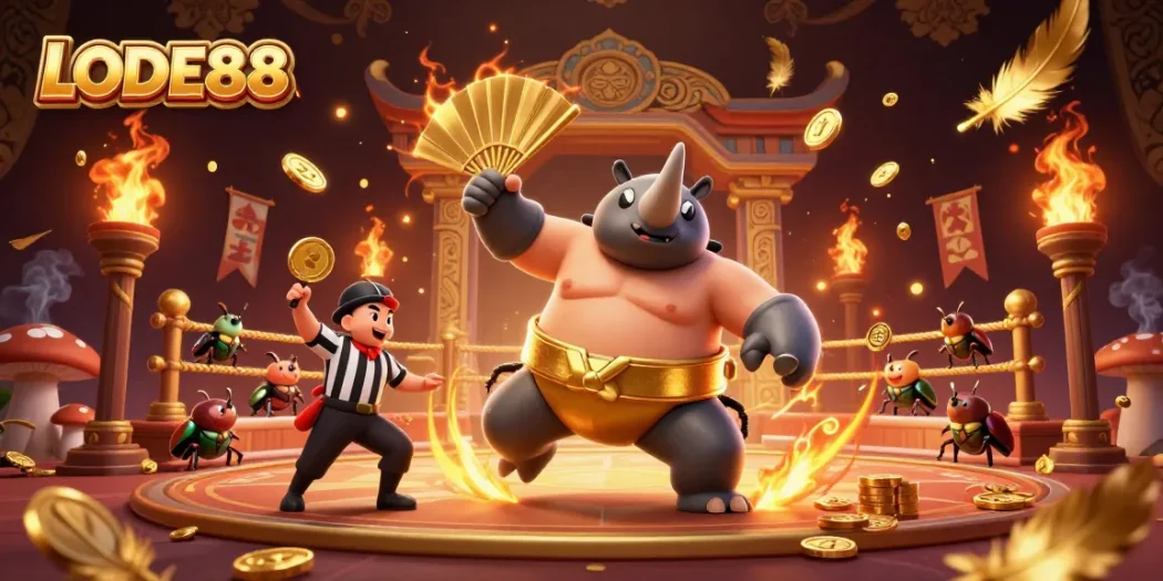 Engage with LODE88 as a vibrant casino scene showcases a beetle Sumo champion amidst golden coins.