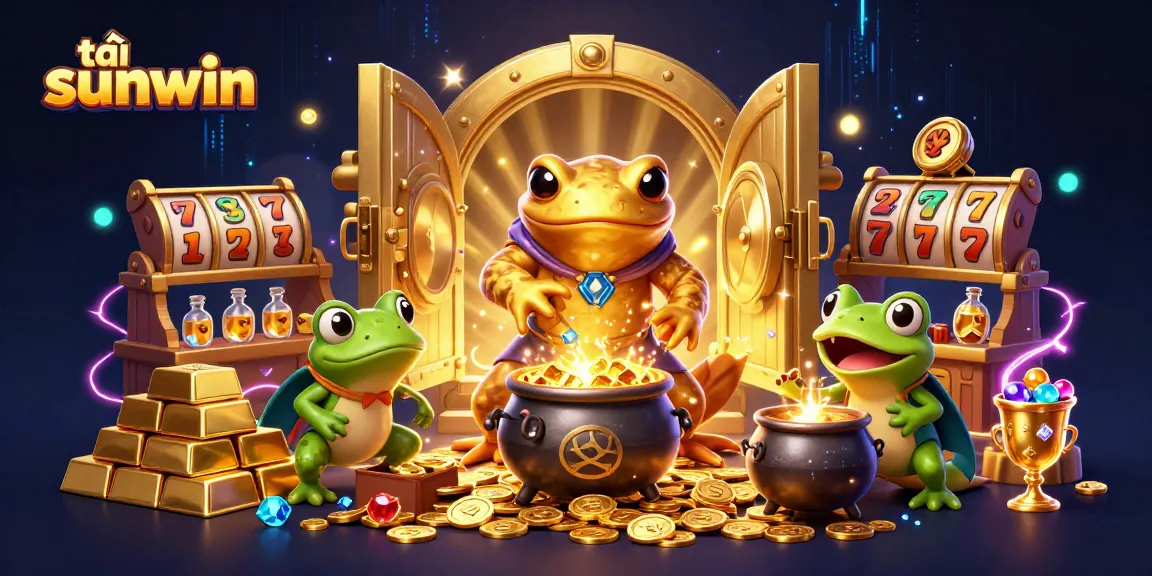 Engage with tải sunwin, seeing the golden alchemist and frog apprentice in a vibrant casino scene.