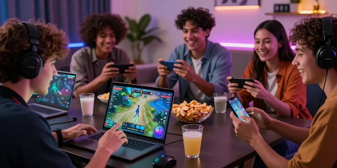 Exciting game session at 68gamebai with players engaged on laptops and smartphones in a vibrant lounge setting.