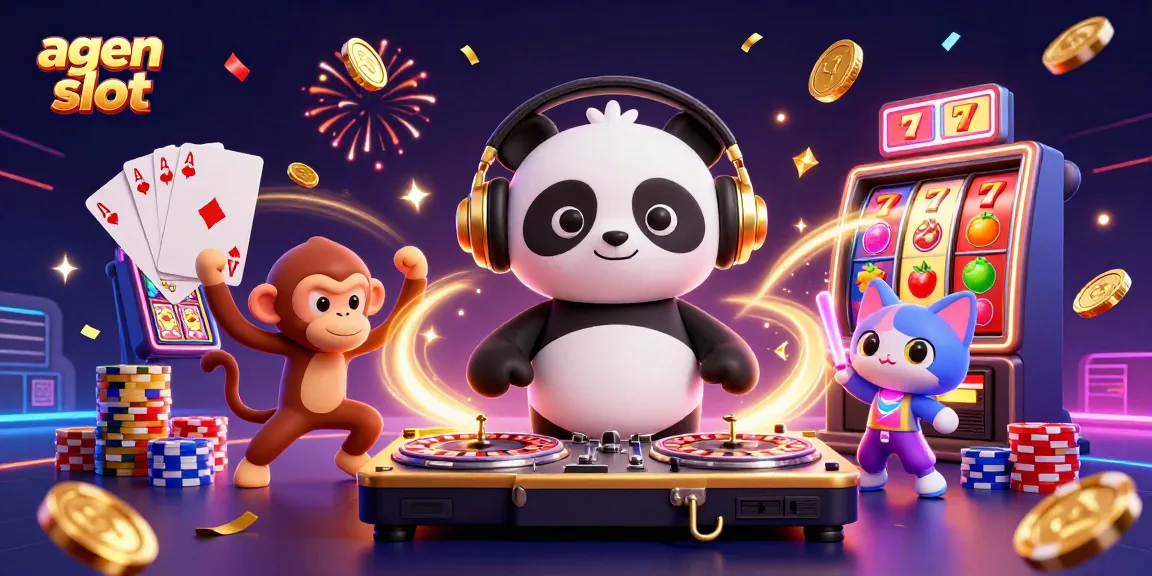 Menghadapi agen slot dengan DJ panda 3D dan kucing bersinar, dikelilingi koin emas dan jackpot.