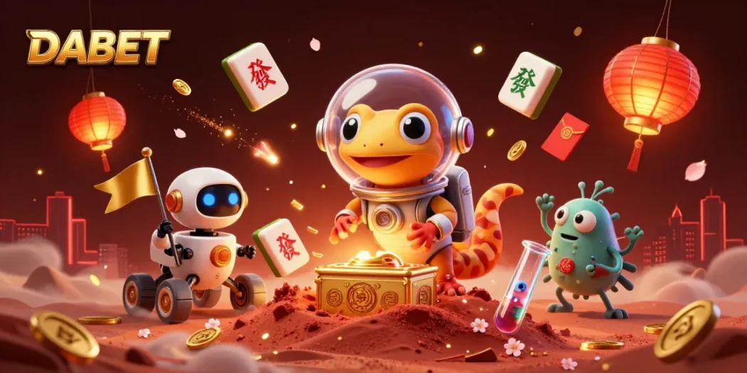 DABET showcases a vibrant 3D casino scene with a Martian gecko, exploring hidden treasures.