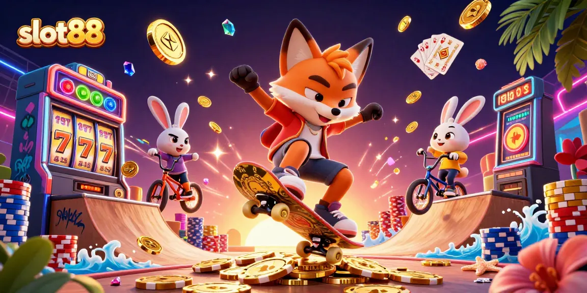 Engage with slot88 as a lively 3D cartoon scene shows a fox and rabbit enjoying vibrant casino-themed fun.