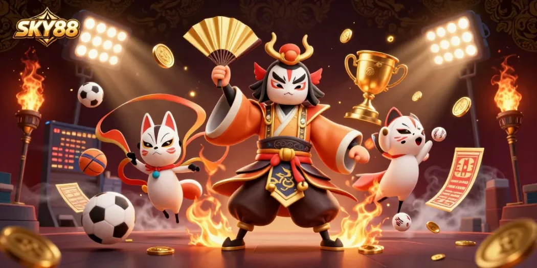 Engage with SKY88’s vibrant gaming scene filled with sports elements, kabuki warrior, and dynamic action.