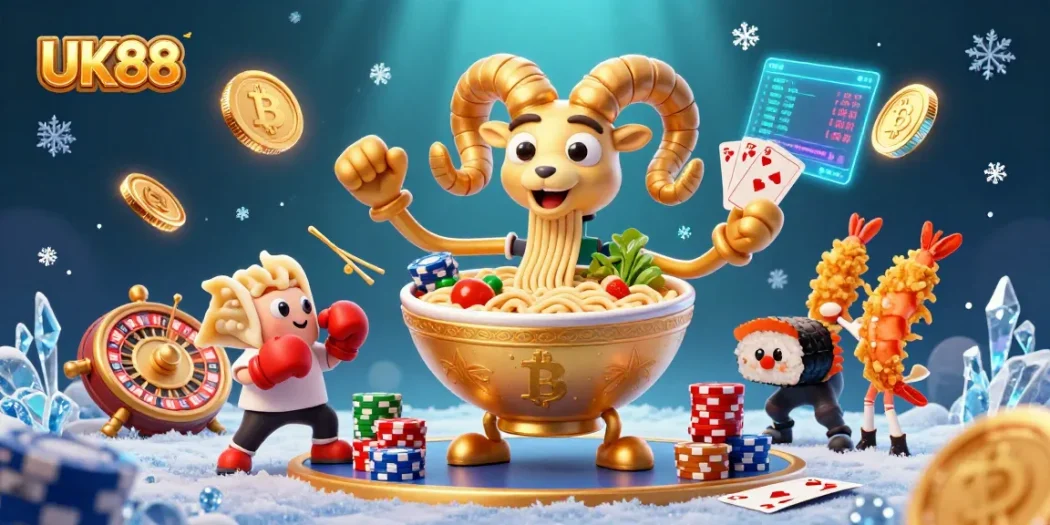 Engage with UK88's vibrant online casino experience featuring dynamic 3D characters amidst rich gaming elements.