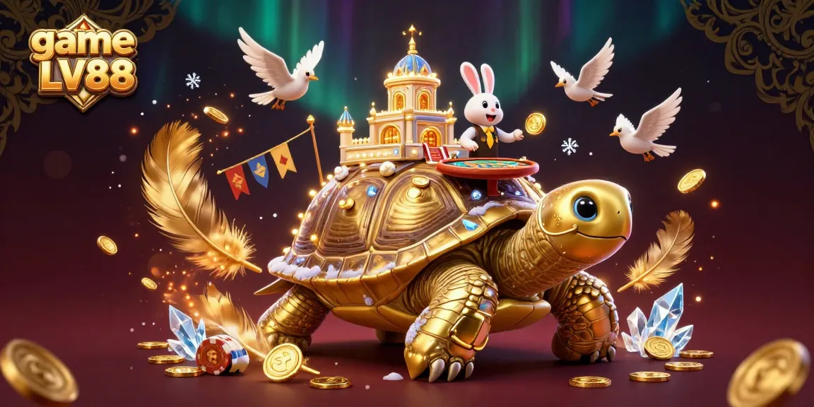 Engage with game LV88 at a vibrant casino scene, featuring a playful tortoise and exciting dealer.