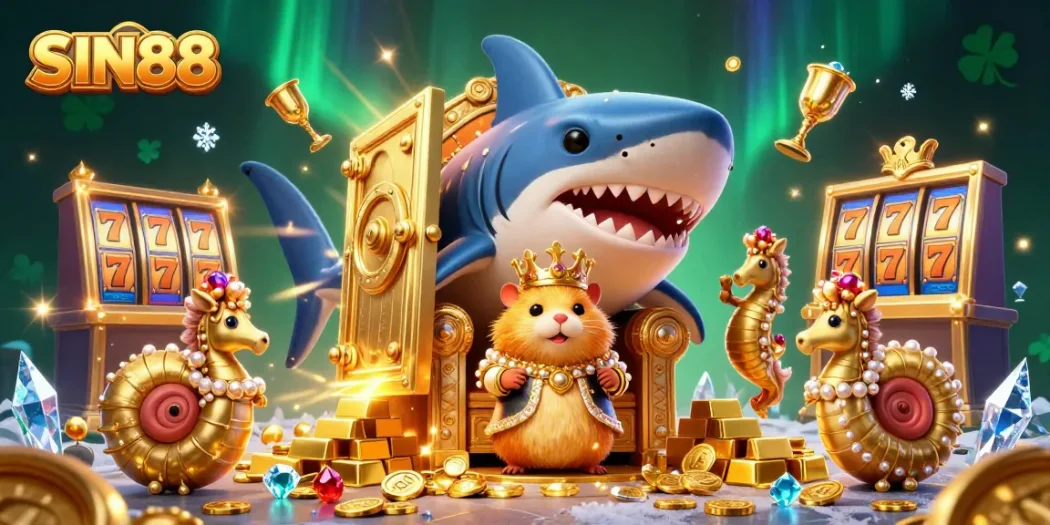 SIN88 reinforced with vibrant casino imagery featuring a golden hamster king and treasure