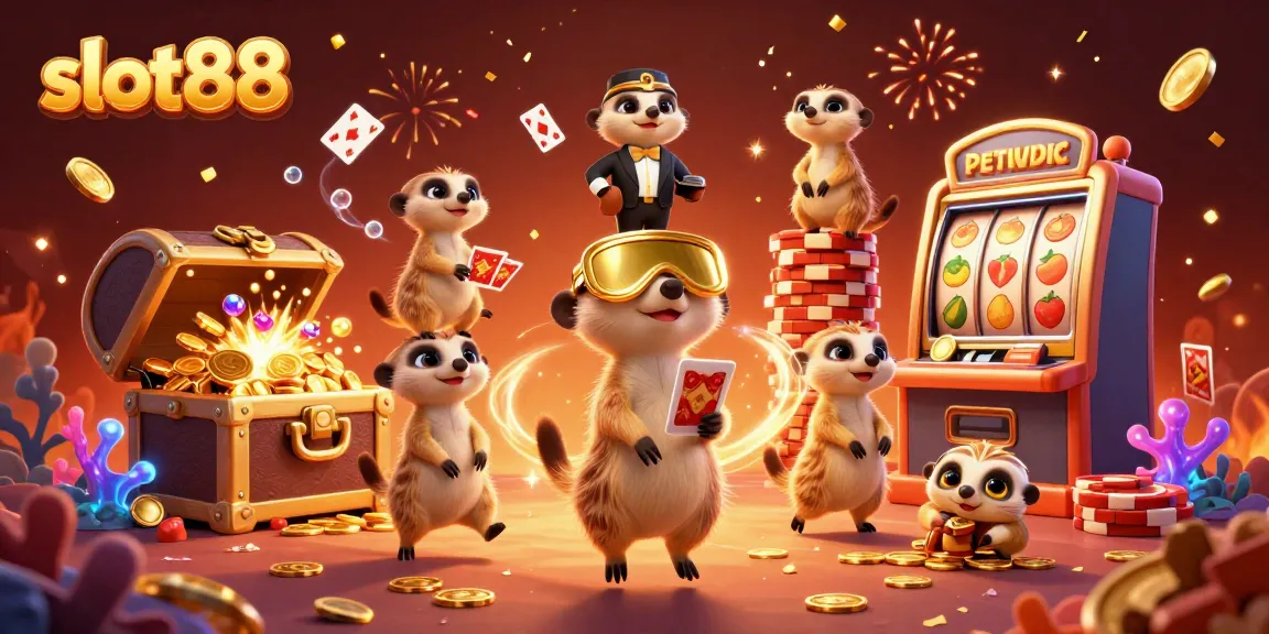 Slot88 memperlihatkan koloni meerkat di kasino, dengan elemen permainan menarik dan suasana ceria.