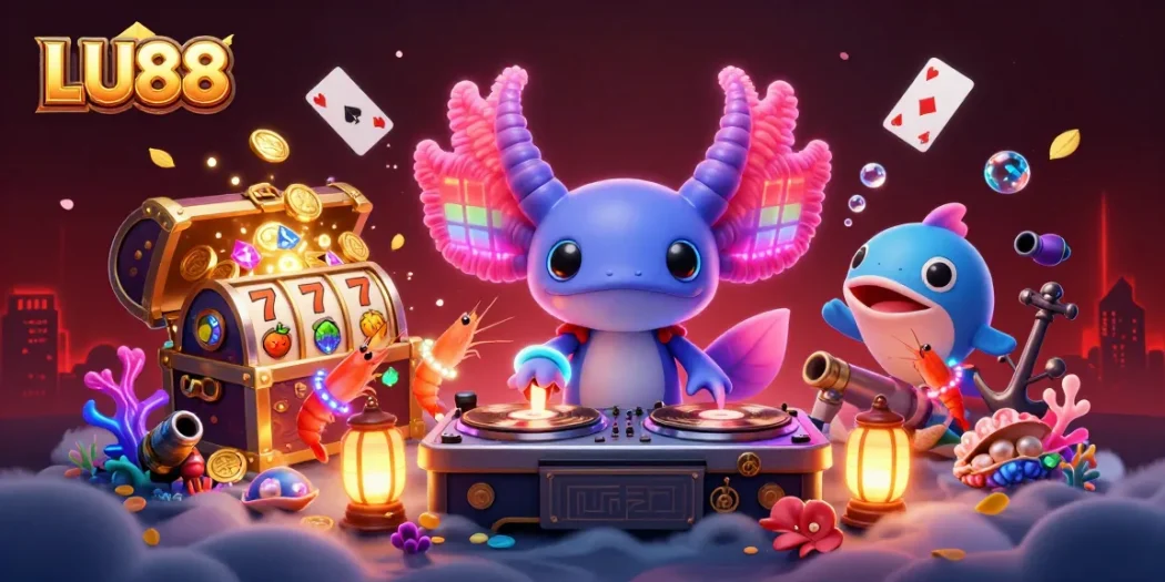 LU88 brings the thrill of gaming with an axolotl DJ spinning vibrant tunes in a colorful casino scene