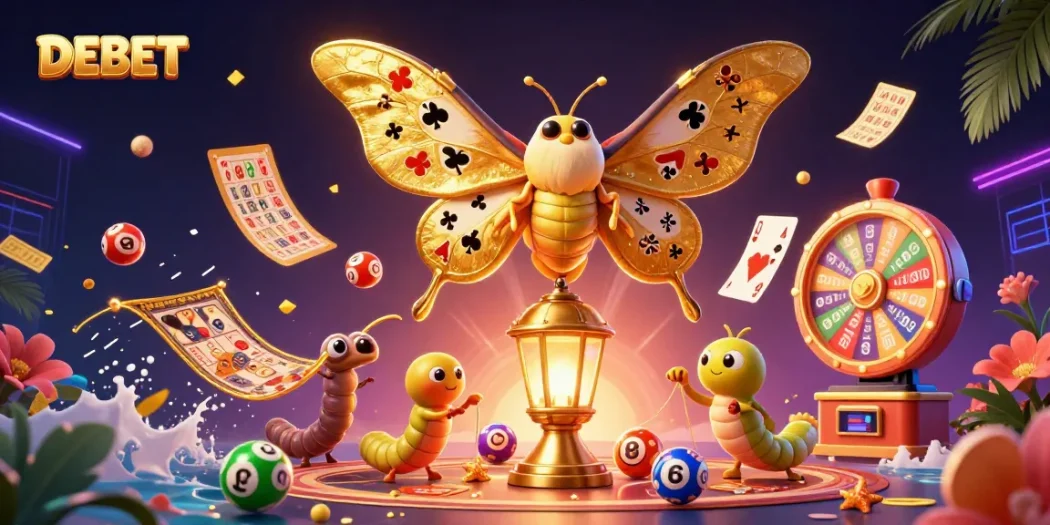 Engage in DEBET gaming with vibrant lottery elements and a majestic moth in a dynamic casino scene.