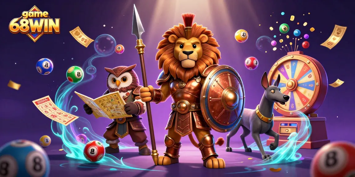 Launch into action with game 68WIN as the Spartan lion and strategic owl navigate a vibrant casino scene.