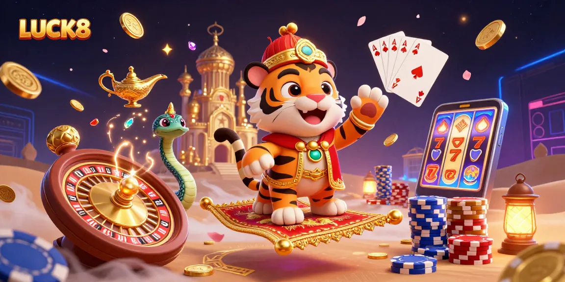 Experience LUCK8 with a vibrant illustration showcasing an Arabian Nights-themed casino adventure, rich with gaming symbols.