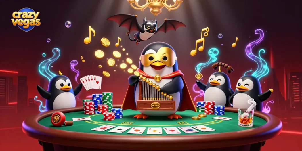 Experience the thrill of winning at crazyvegas with a vibrant casino illustration featuring a penguin playing a magical organ.