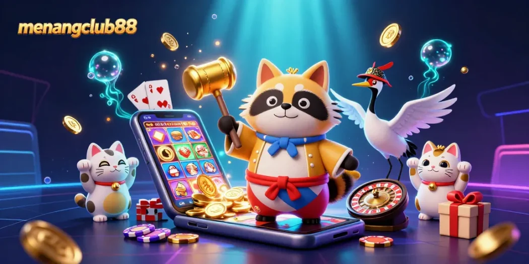 Engage with menangclub88's excitement featuring a cheerful tanuki in a festival outfit, vibrant casino elements surrounding