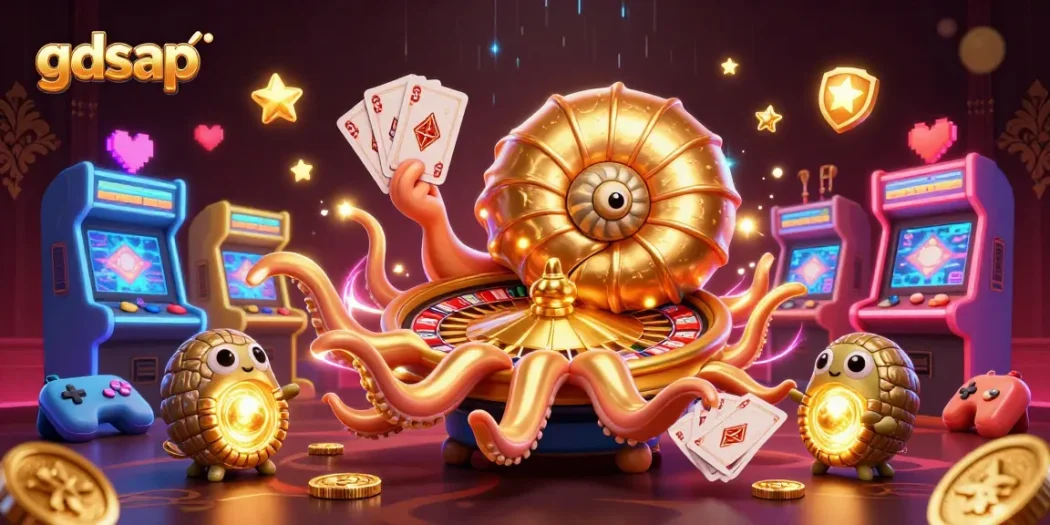 Engage with gdsap's vibrant 3D casino scene featuring a giant nautilus roulette wheel and arcade games.